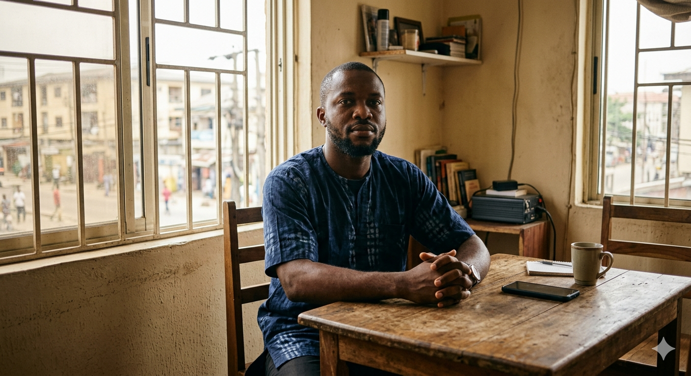 A Nigerian man sitting with quiet determination